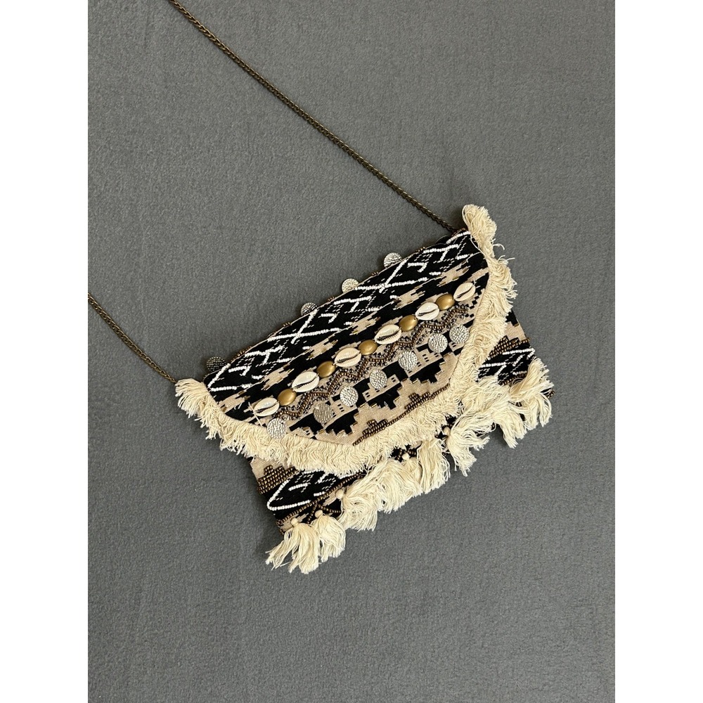 Express Crossbody Bag Womens Small Black White Boho Cowrie Shell Fringe Beaded